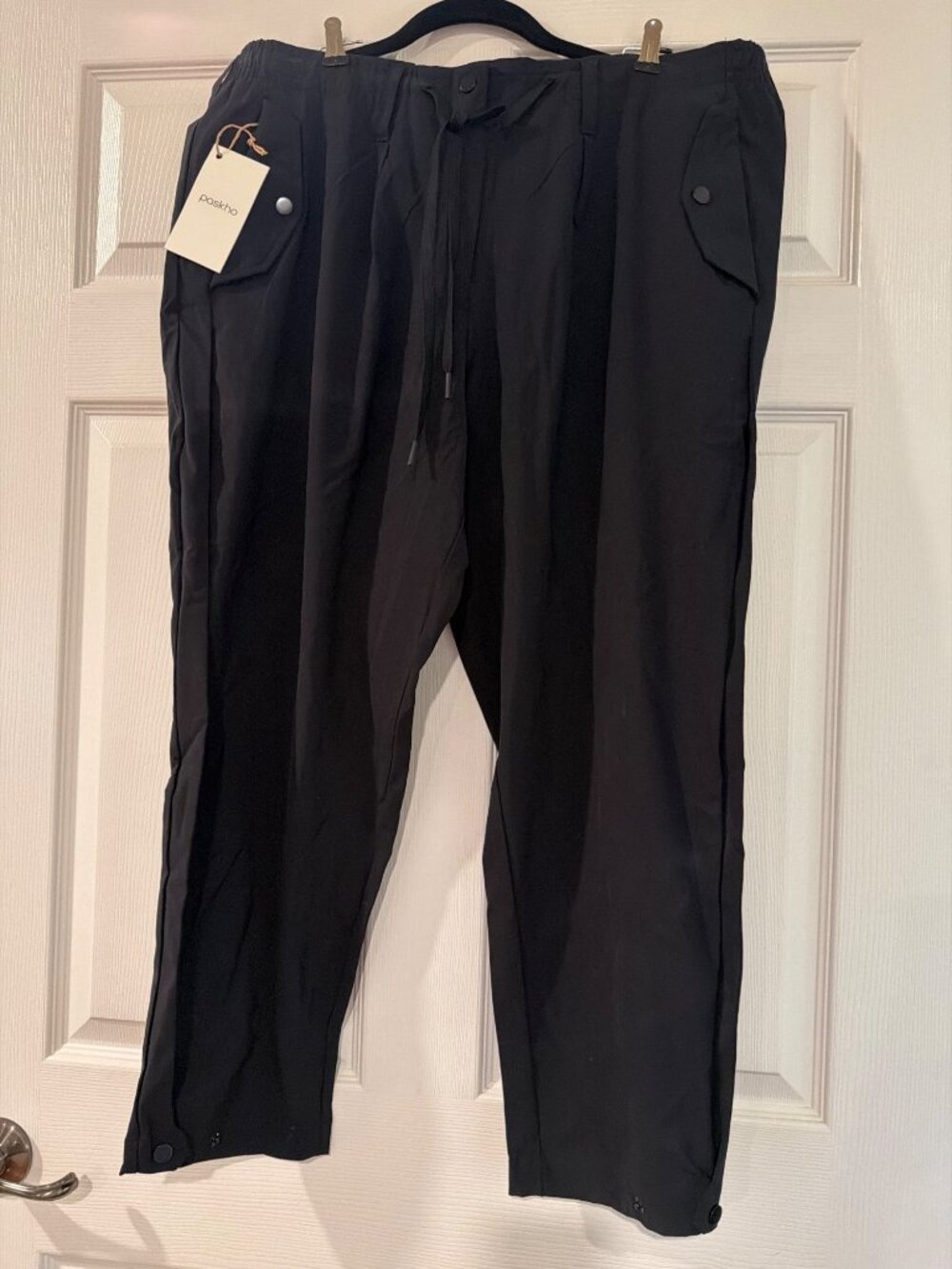 Paskho Mens XL Black Travel Pants With Elastic Waist & Snap Pockets